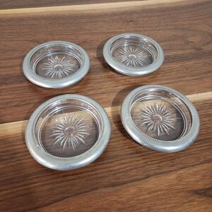 Leonard Vintage Crystal Glass Coasters Italy Silver Plated Starburst Set of 4